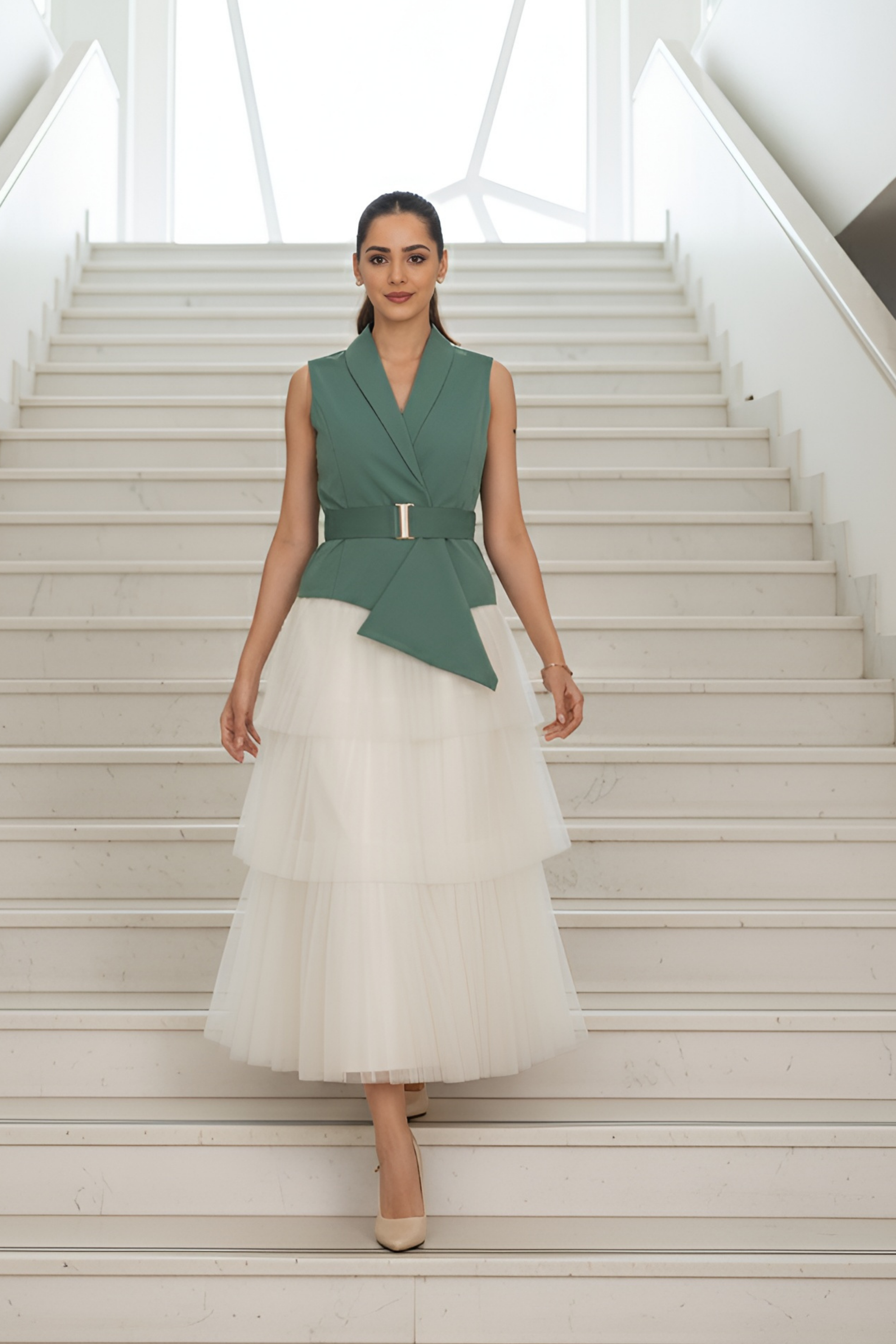 Ivory Layer Skirt & Sea-Green Waist Coat – Fresh Elegance